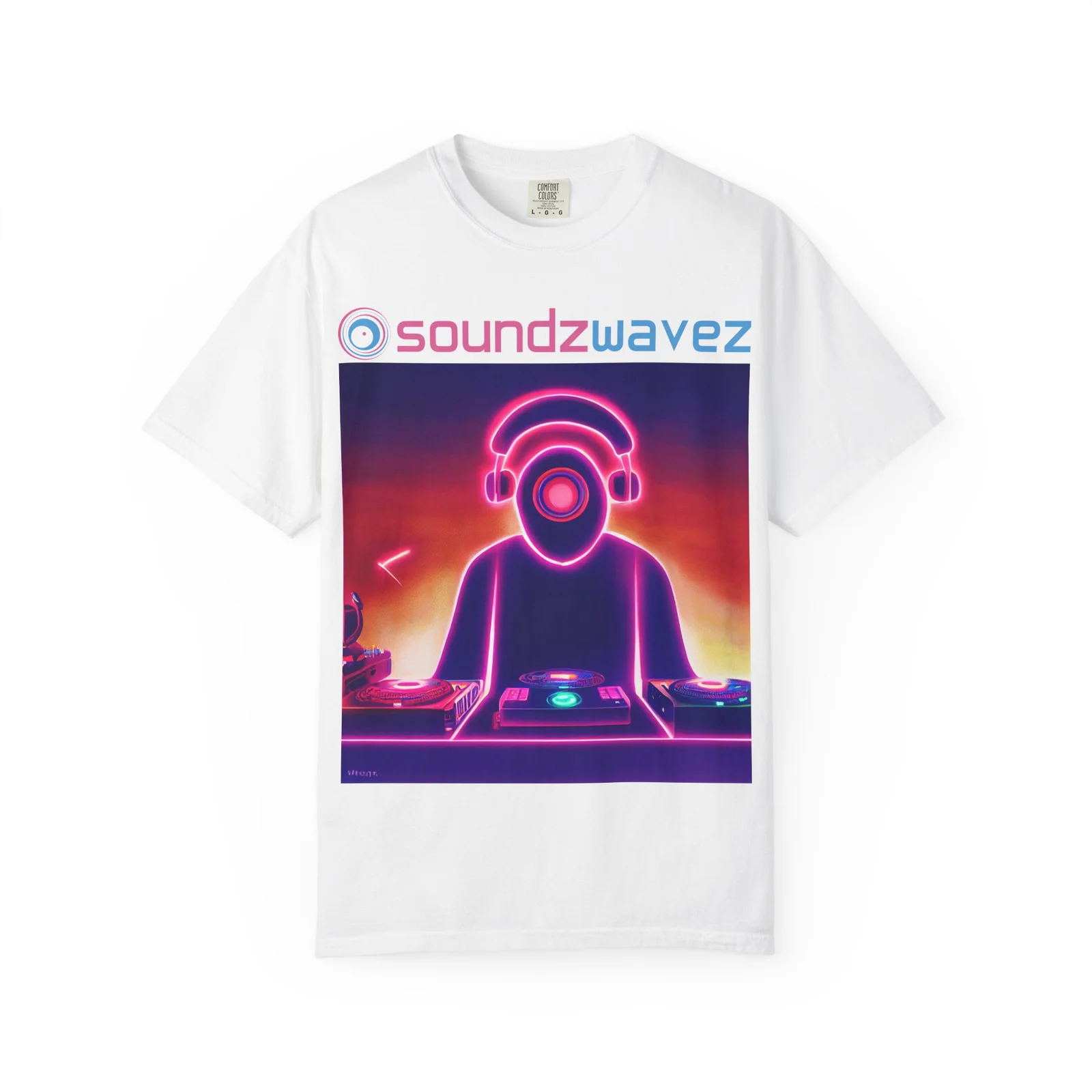 DJ Neon Graphic T-Shirt — “soundzwavez” Retro Synthwave Tee